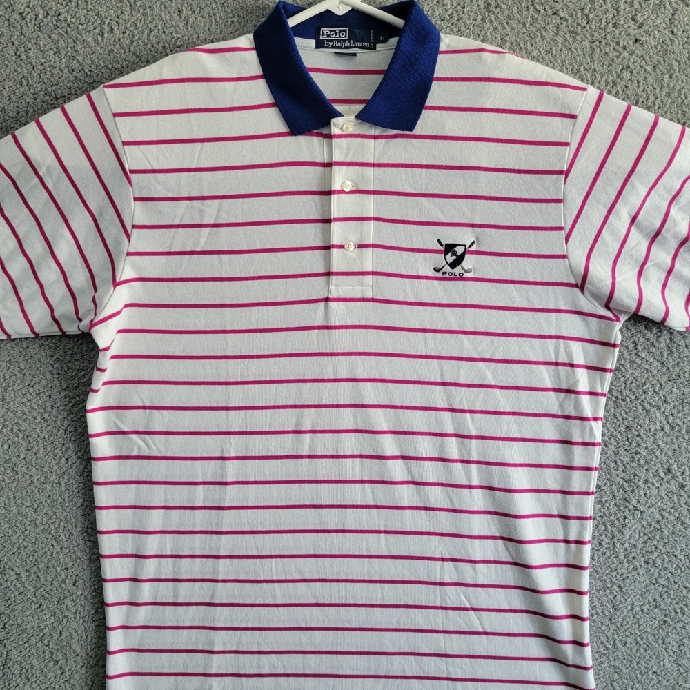 Polo Ralph Lauren Polo Shirt Mens L White Pink‎ Striped Golf Crest Cotton
